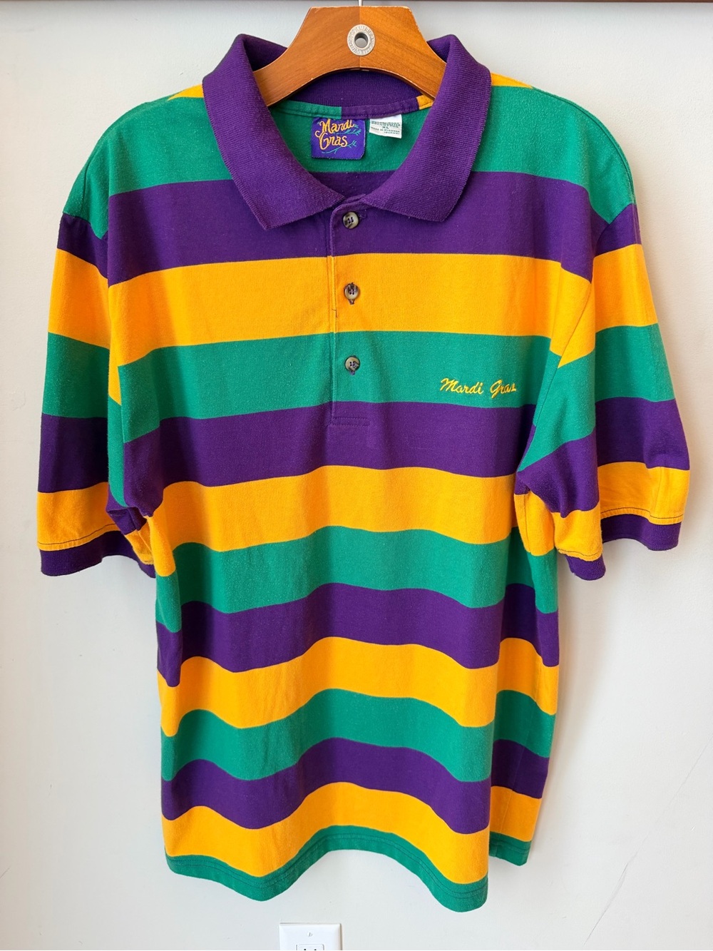 Vintage 90s Mardi Gras Polo XL Purple Green Gold Striped